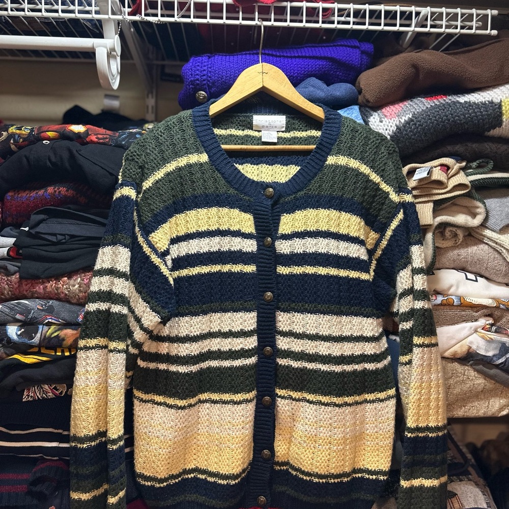 Vintage Christopher & Banks Womens Striped Chunky Knit Cardigan Sweater Size L